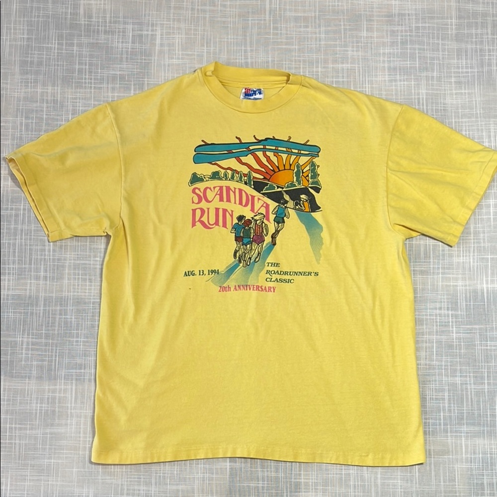 Vintage Large Tee Scandia Run Yellow T-Shirt August 13 1994 Single Stitch Hanes
